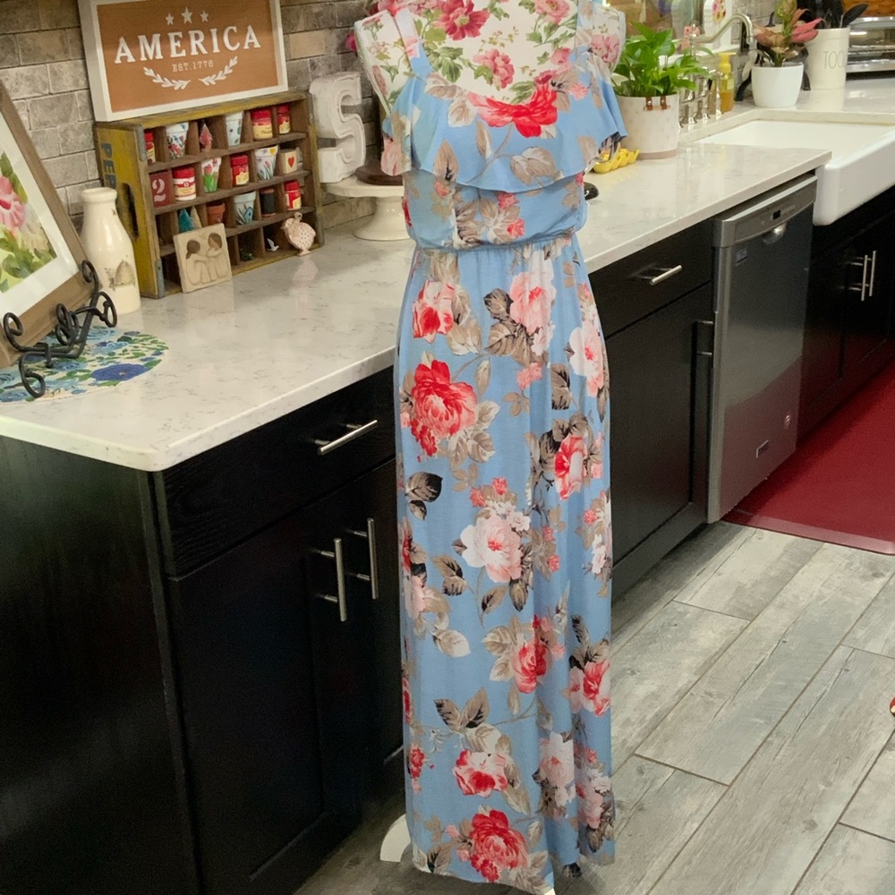 Three Pink Hearts Maxi Dress XS Blue Floral Ruffle Neckline Sleeveless Sundress